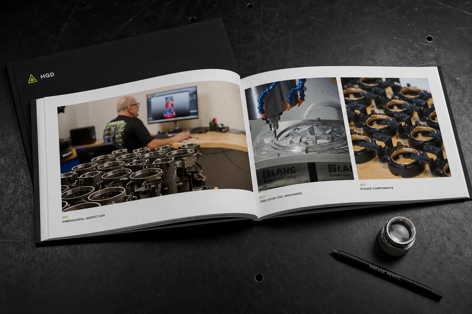 A bound photography proof book open on a dark surface, showing inspection, machining and staged component frames with numbered captions.