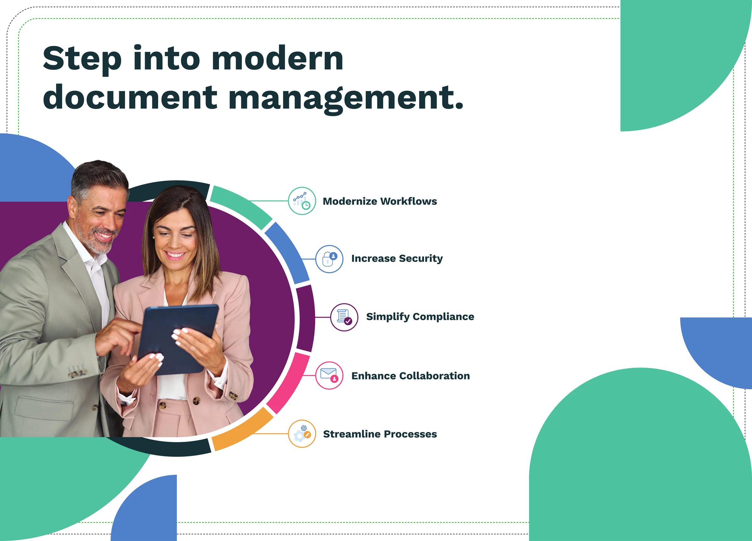 A trade show backdrop reading Step into modern document management, with a five-segment coloured process ring and two people looking at a tablet.