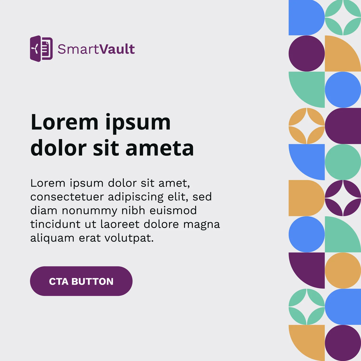 A display ad layout still filled with lorem ipsum placeholder text and a button labelled CTA BUTTON, beside a vertical column of brand shapes.