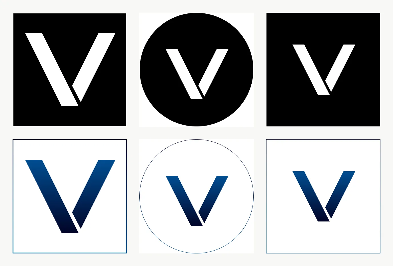 Six variants of a V monogram, in black and in a blue gradient, on square, circular and outlined grounds.