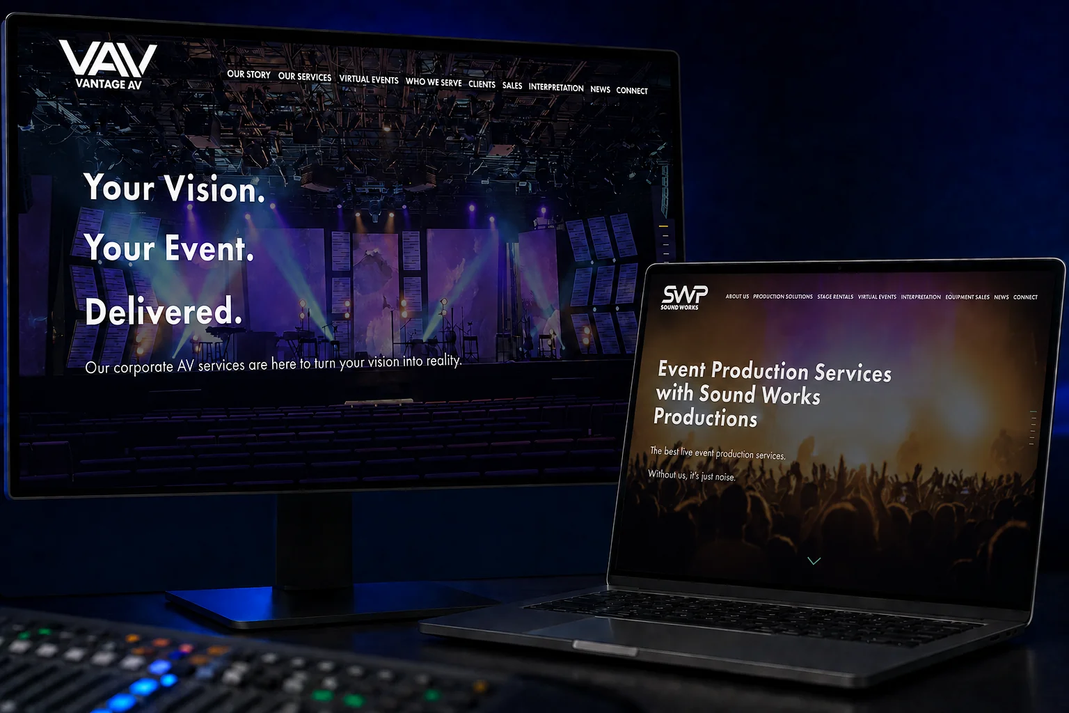 Two screens showing the earlier Vantage AV and Sound Works Productions websites, one on a monitor and one on a laptop, beside a lighting console.